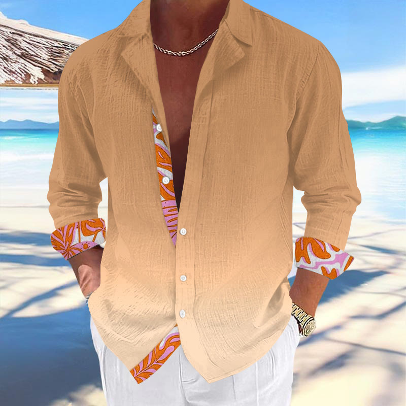 Men's Resort Casual Tropical Print Hawaiian Cuban Collar Long Sleeve Shirt