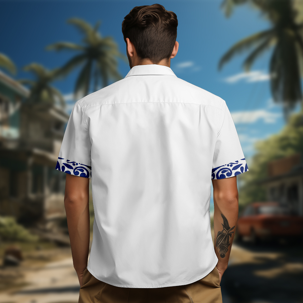 100% Cotton Men's White Ocean Style Short Sleeve Shirt