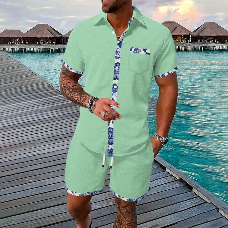 Men's Hawaii Print Fashion Vacation And Casual Hawaiian Shirt Set