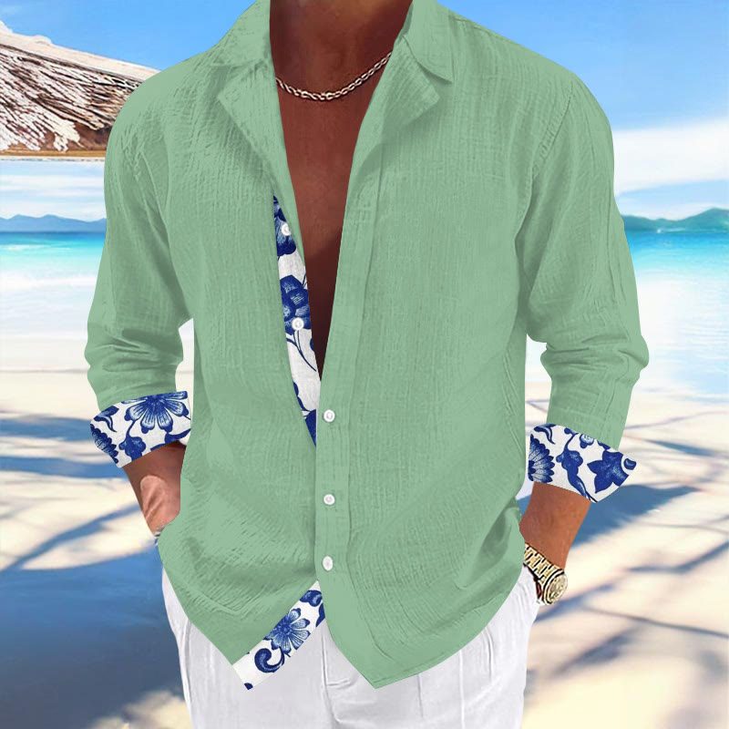 Men's Resort Hawaiian Print Casual Cuban Collar Long Sleeve Shirt