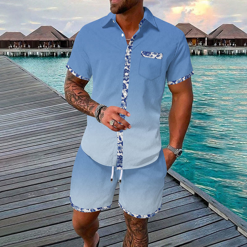 Men's Hawaiian Floral Contrast Print Resort Casual Short Sleeve Shirt Set