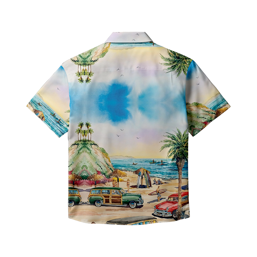 100% Cotton Men's Yellow Beach Print Short Sleeve Shirt