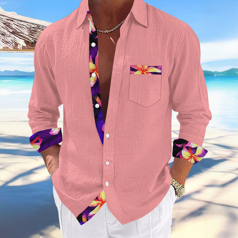 Men's Vacation Hawaiian Tropical Flower Contrast Print Long Sleeve Lapel Shirt