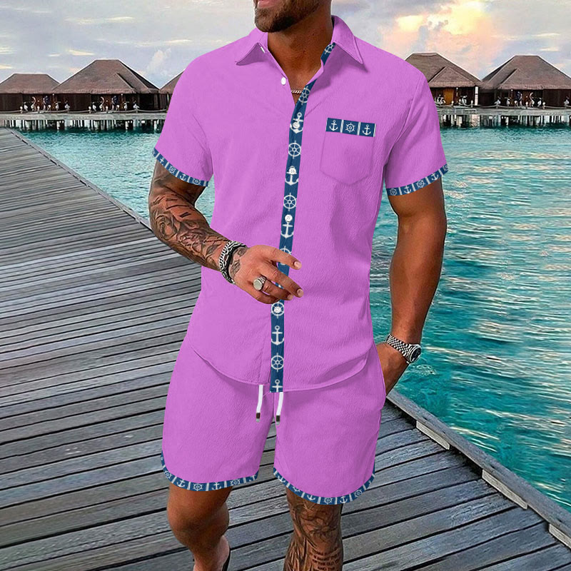 Men's Summer Vacation Anchor Print Casual Hawaiian Shirt Set
