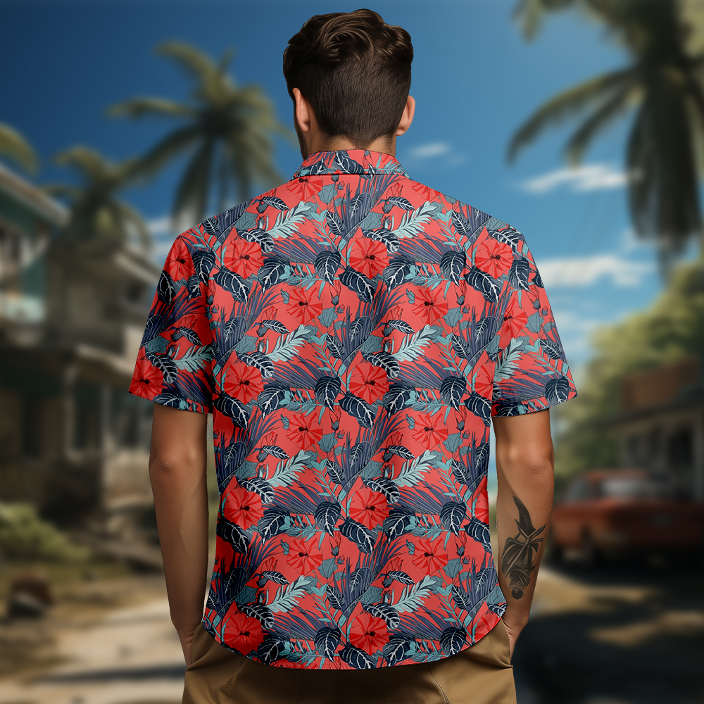 100% Cotton Men's Red Floral Print Short Sleeve Shirt