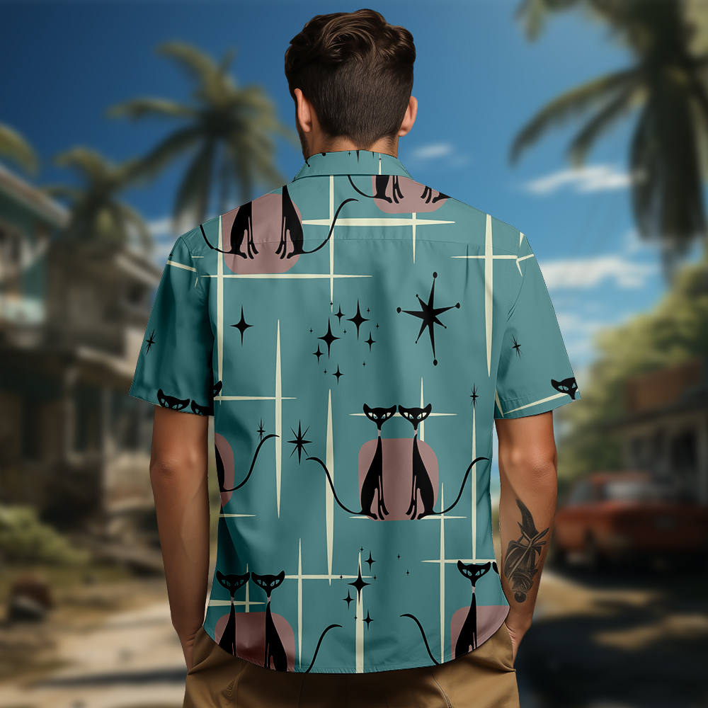 100% Cotton Men's Green Cat Print Short Sleeve Shirt