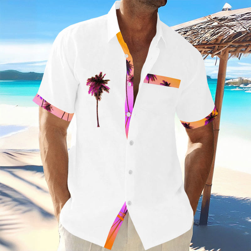 (Sale) Casual Holiday Palm Tree Contrast Print Hawaiian Short-sleeved Shirt