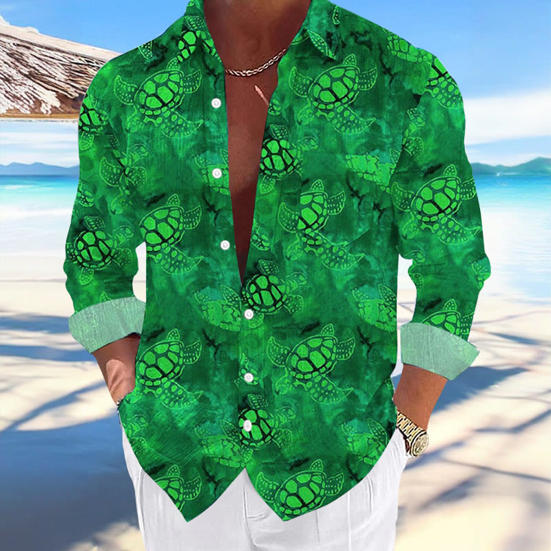 Men's Hawaiian Tie Dye Turtle Print Casual Long Sleeve Shirt