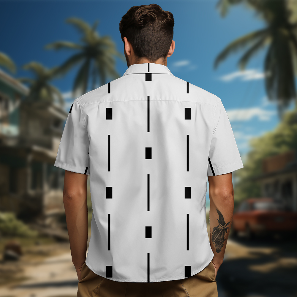 100% Cotton Men's White Lines Print Short Sleeve Shirt