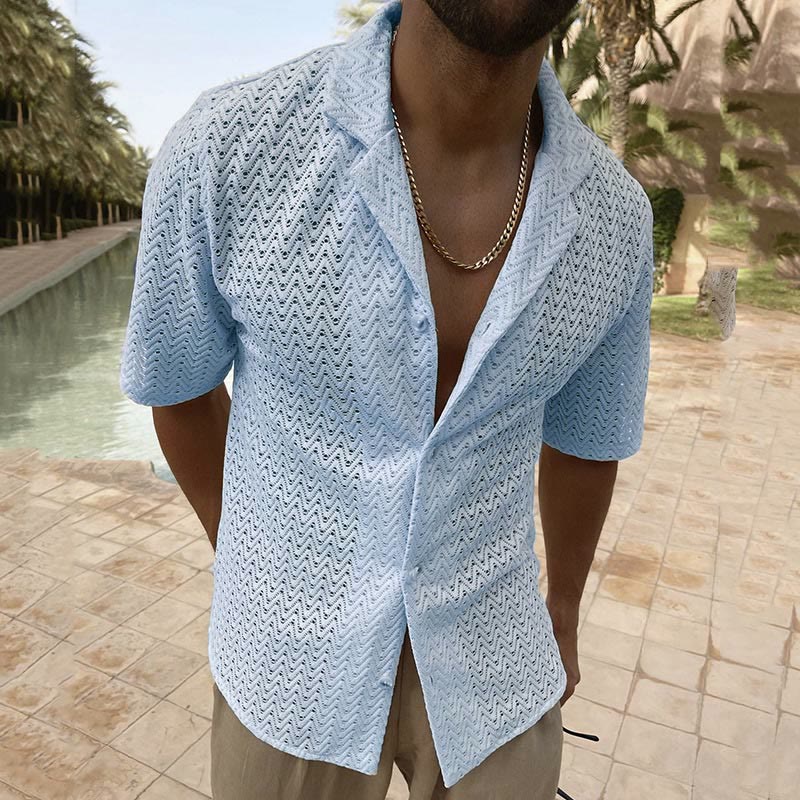 Vacation Solid Color Hollow Knitted Shirt