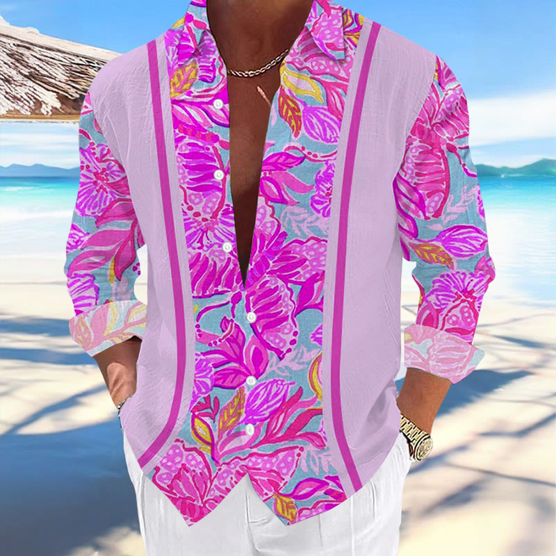 Men's Casual Hawaiian Floral Print Stylish Vacation Long Sleeve Shirt