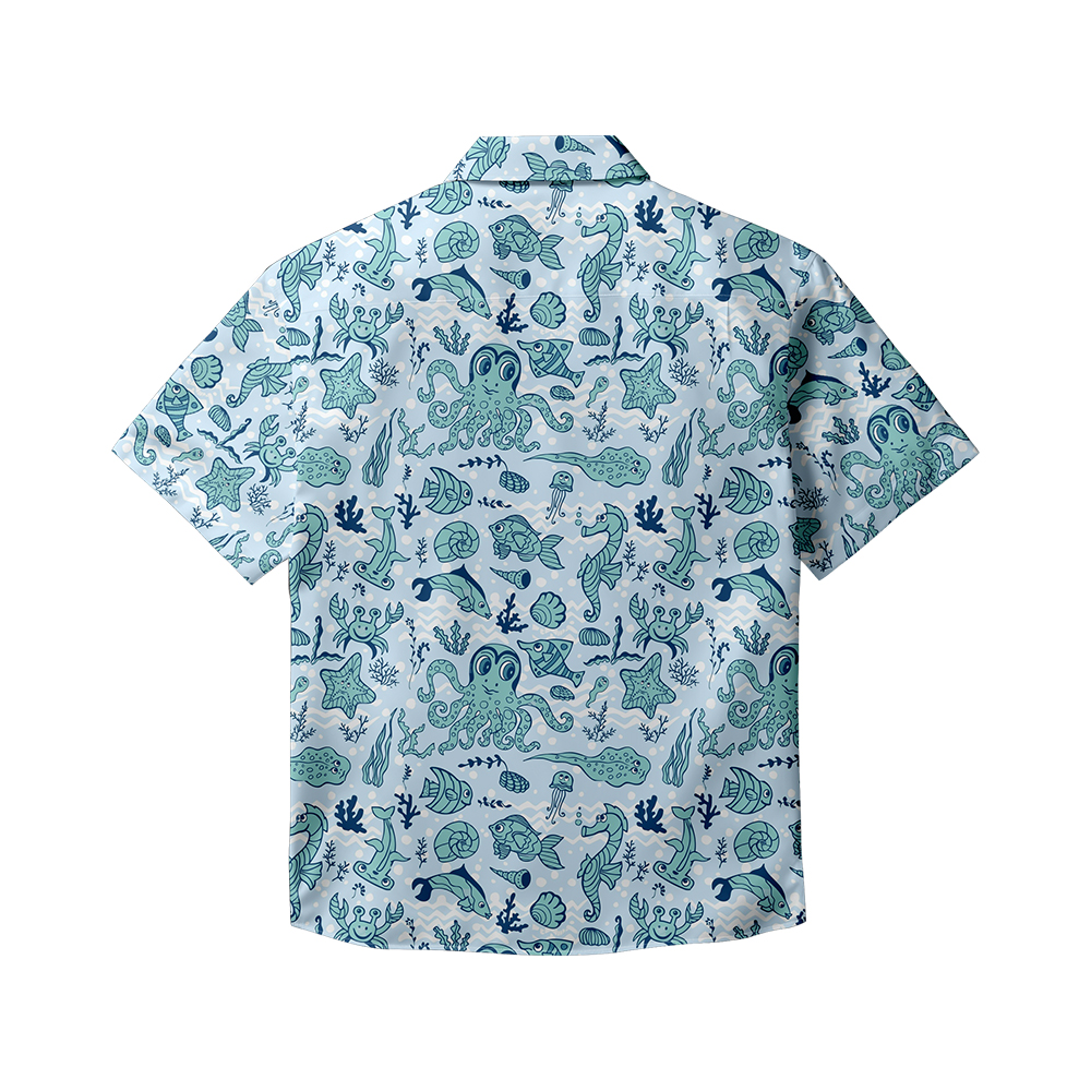 100% Cotton Men's Light Blue Ocean Print Short Sleeve Shirt