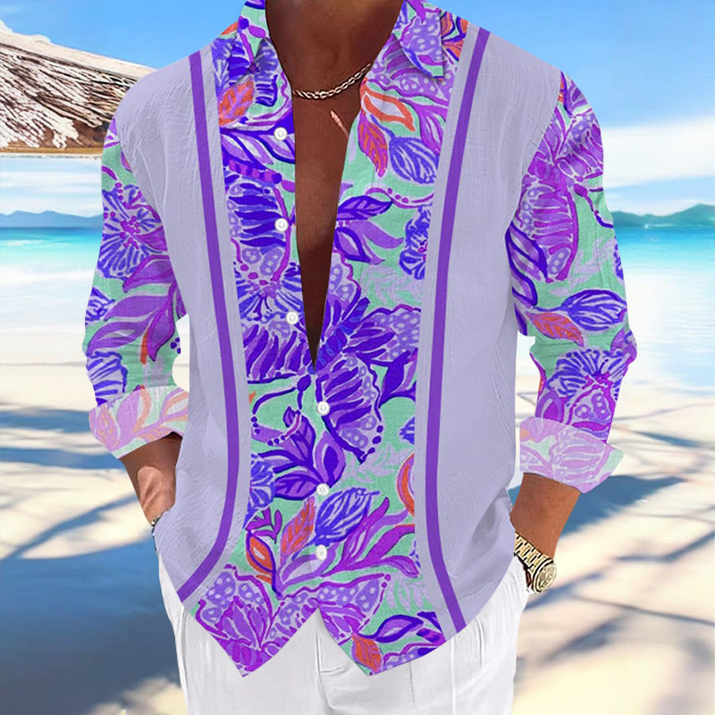 Men's Casual Hawaiian Floral Print Stylish Vacation Long Sleeve Shirt