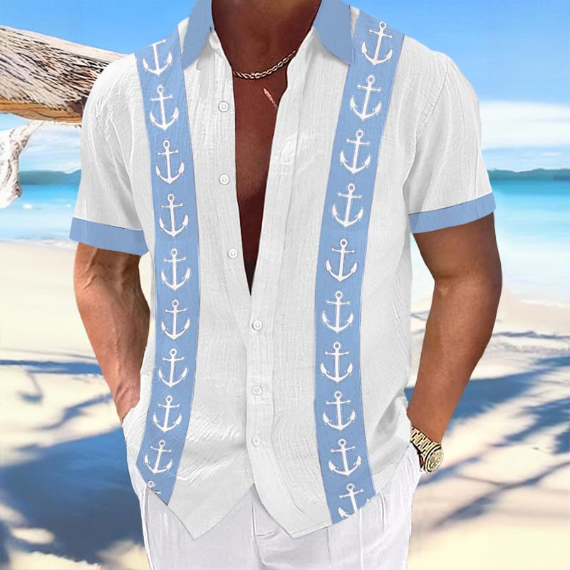 Men's Casual Anchor Print Lapel Shirt