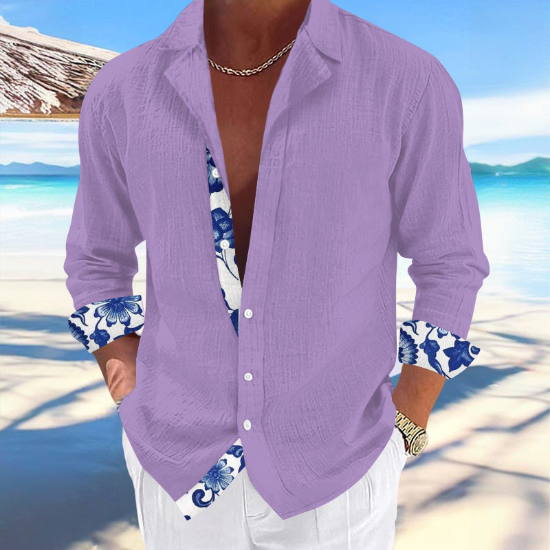 Men's Resort Hawaiian Print Casual Cuban Collar Long Sleeve Shirt