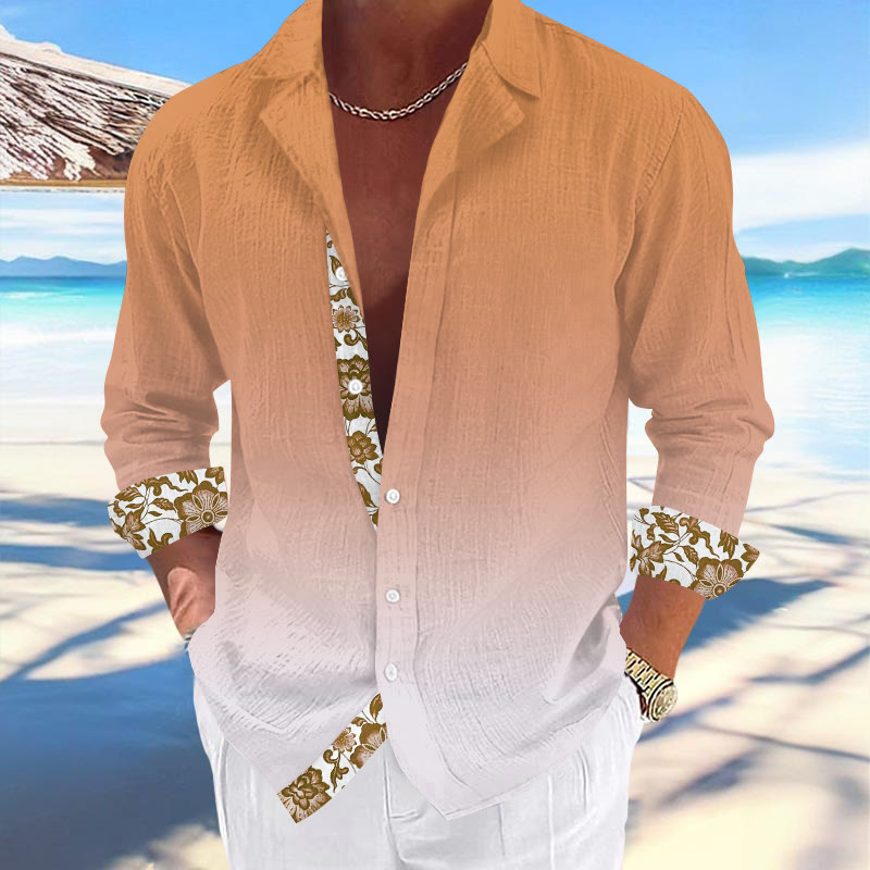 Men's Resort Ombre Tropical Floral Print Casual Cuban Collar Long Sleeve Shirt