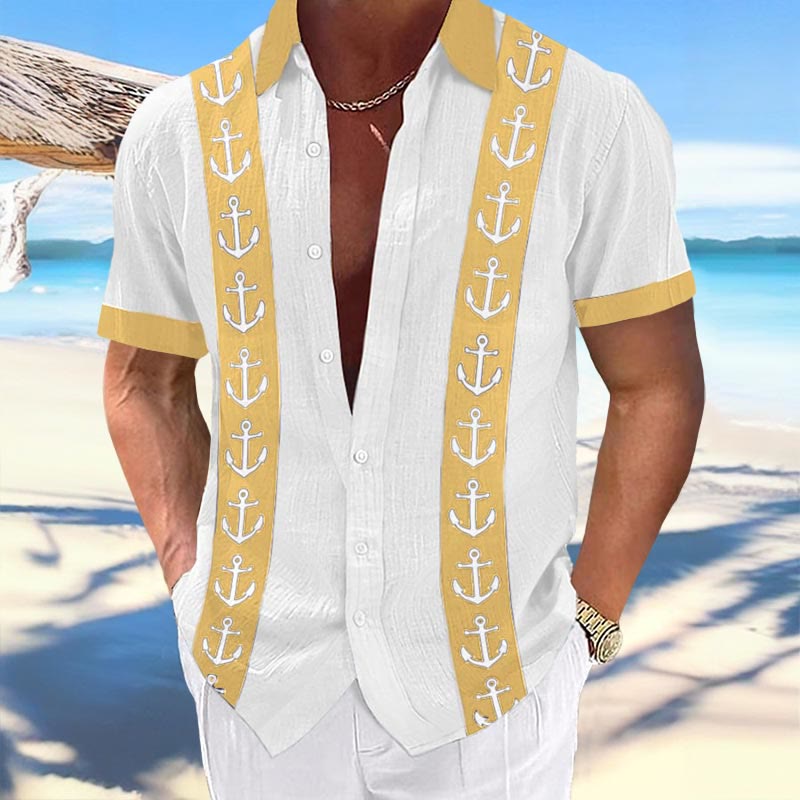 Men's Casual Anchor Print Lapel Shirt