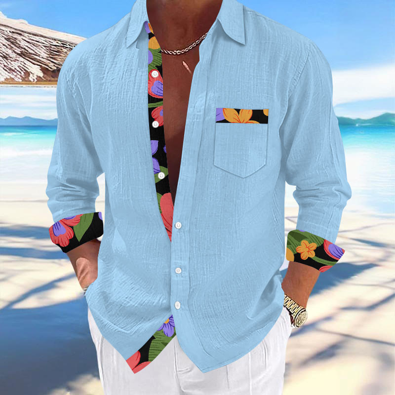 Men's Vacation Hawaiian Tropical Floral Contrast Print Long Sleeve Lapel Shirt