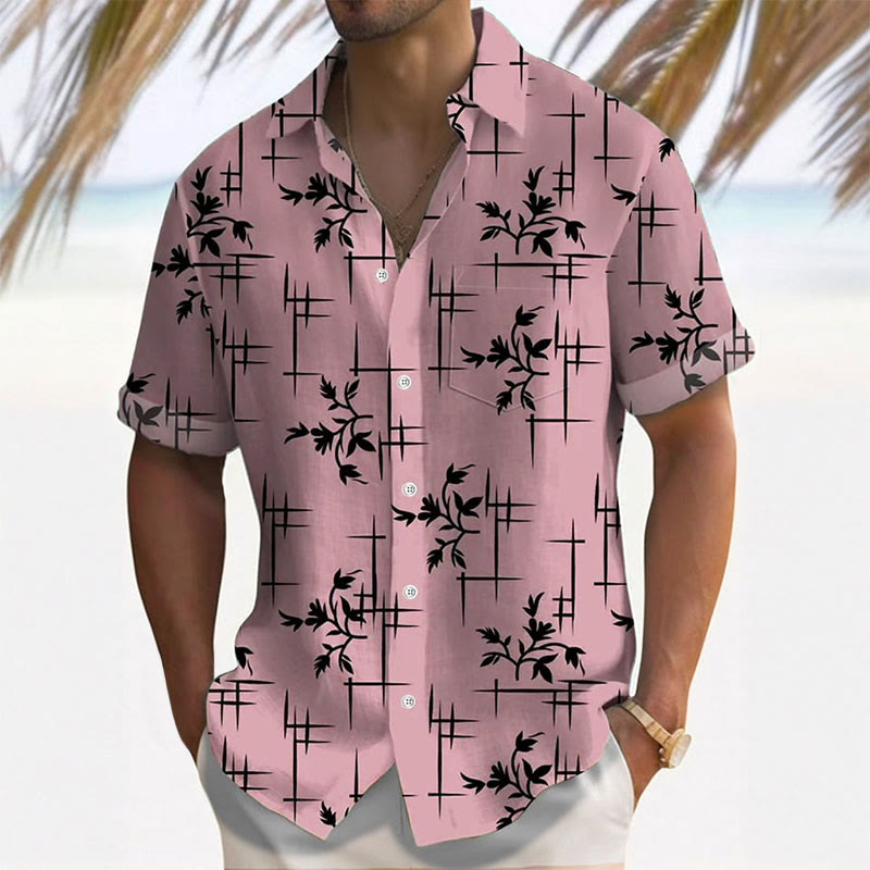 Men's Hawaiian Striped Floral Print Resort Casual Short Sleeve Shirt