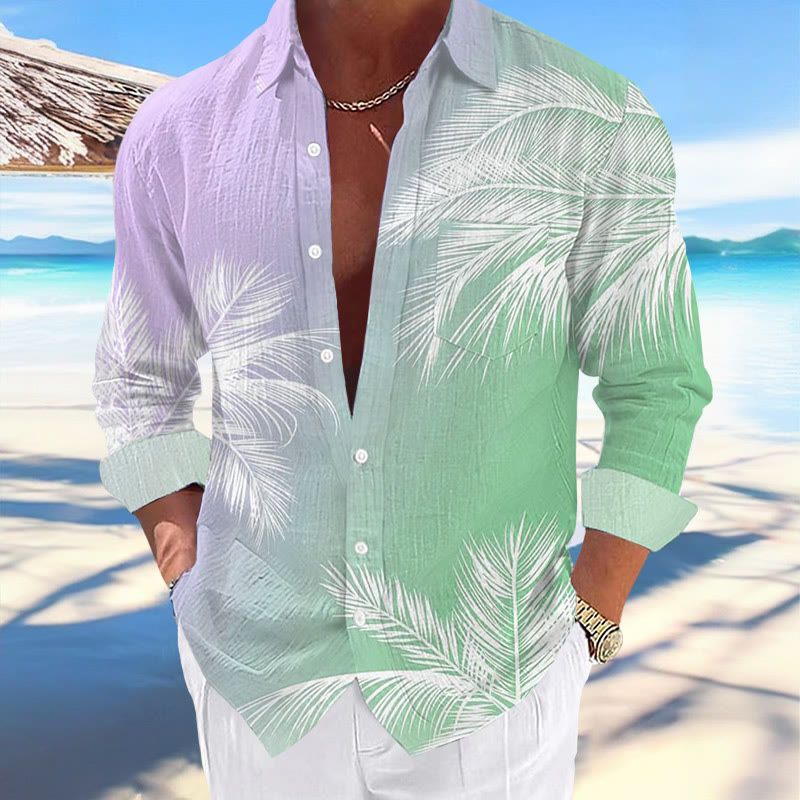 Men's Casual Hawaiian Palm Tree Print Long Sleeve Pocket Shirt