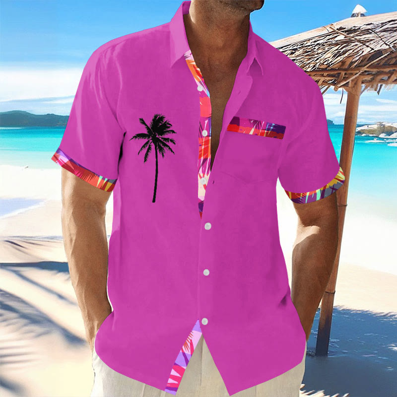 Men's Coconut Tree Contrast Print Resort Casual Short Sleeve Shirt