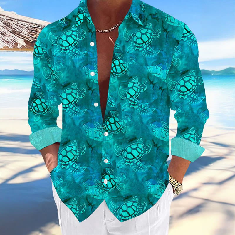 Men's Hawaiian Tie Dye Turtle Print Casual Long Sleeve Shirt