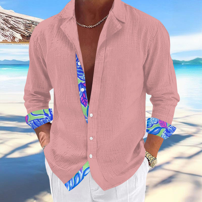 Men's Hawaiian Print Fashionable Resort Casual Cuban Collar Long Sleeve Shirt