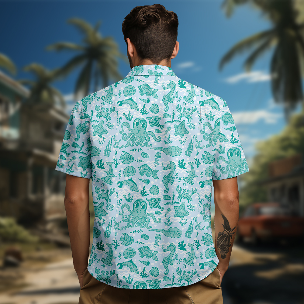 100% Cotton Men's Green Ocean Print Short Sleeve Shirt