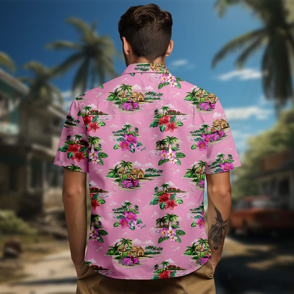 100% Cotton Men's Pink Vocation Print Short Sleeve Shirt
