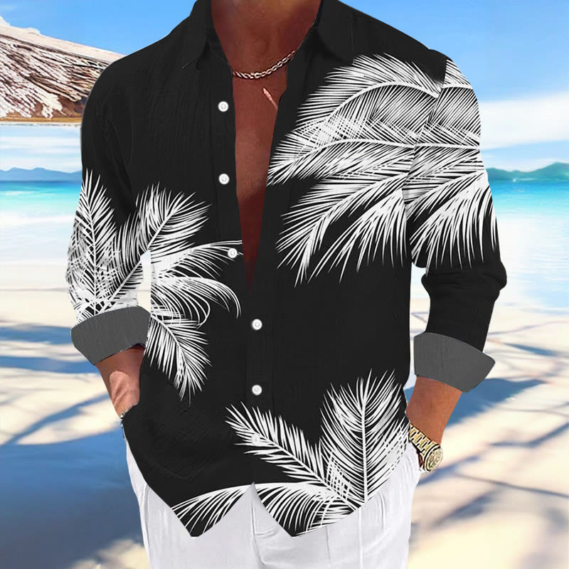 Men's Casual Hawaiian Palm Tree Print Long Sleeve Pocket Shirt