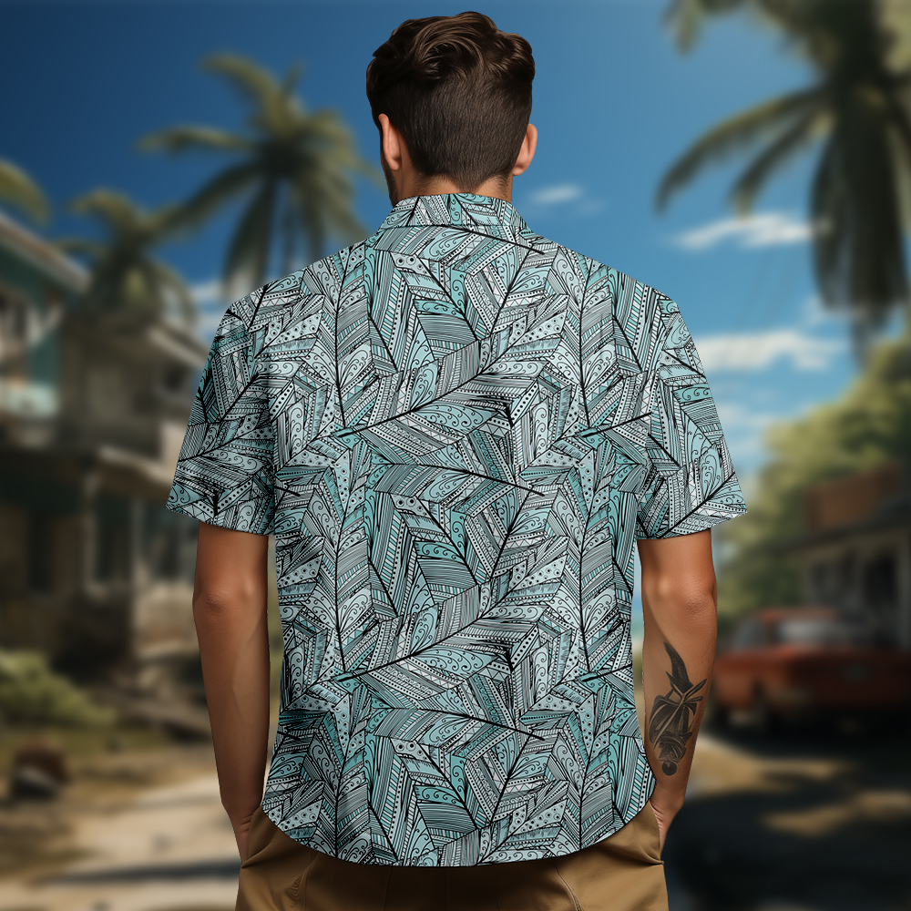 100% Cotton Men's Grey Leaves Hawaii Print Short Sleeve Shirt