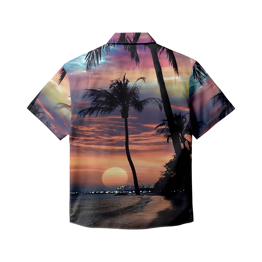 100% Cotton Men's Orange Sunset Print Short Sleeve Shirt