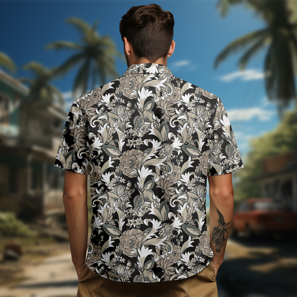 100% Cotton Men's Brown Floral Print Short Sleeve Shirt