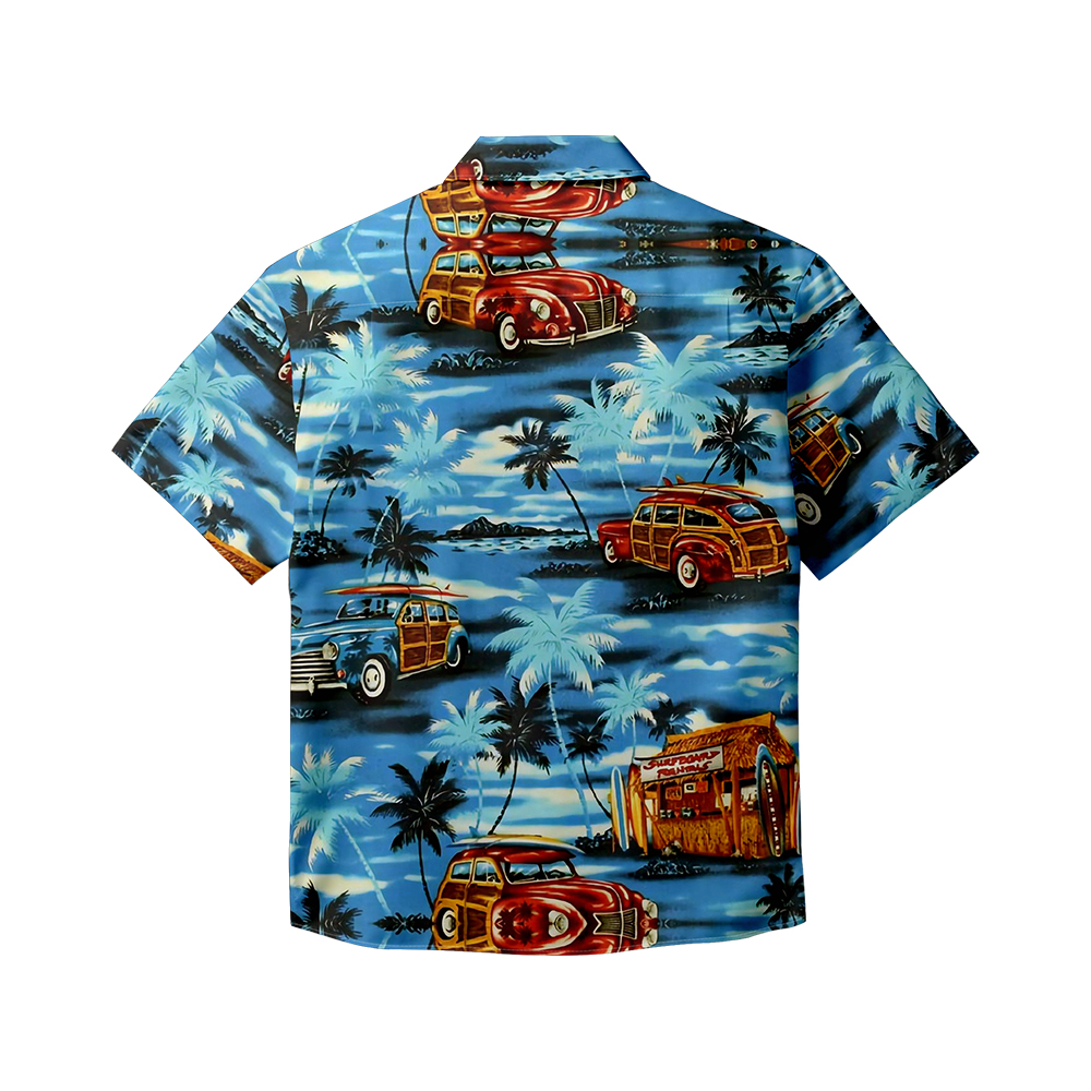 100% Cotton Men's Blue Vehicle Print Short Sleeve Shirt