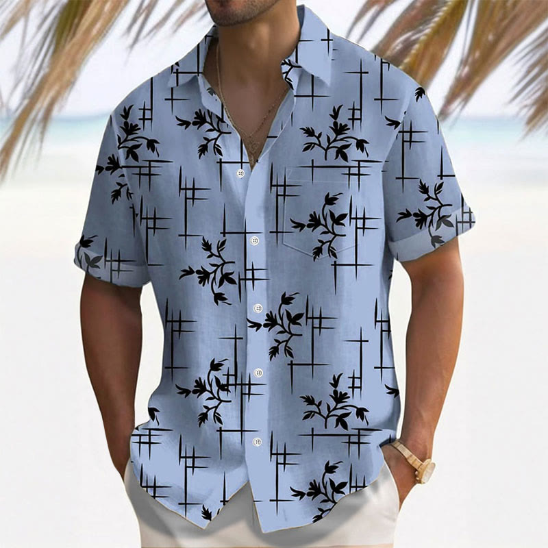 Men's Hawaiian Striped Floral Print Resort Casual Short Sleeve Shirt