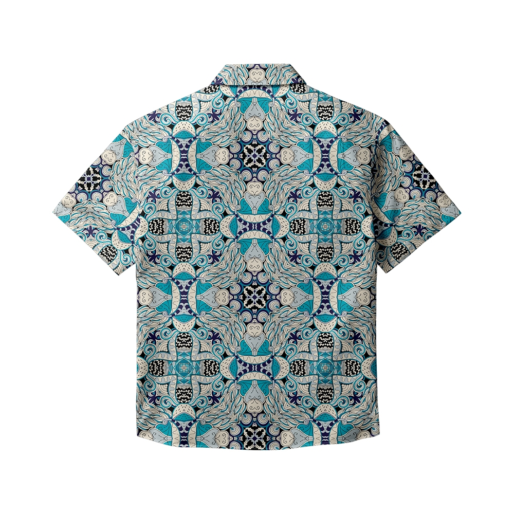 100% Cotton Men's Green Retro Patterns Print Short Sleeve Shirt