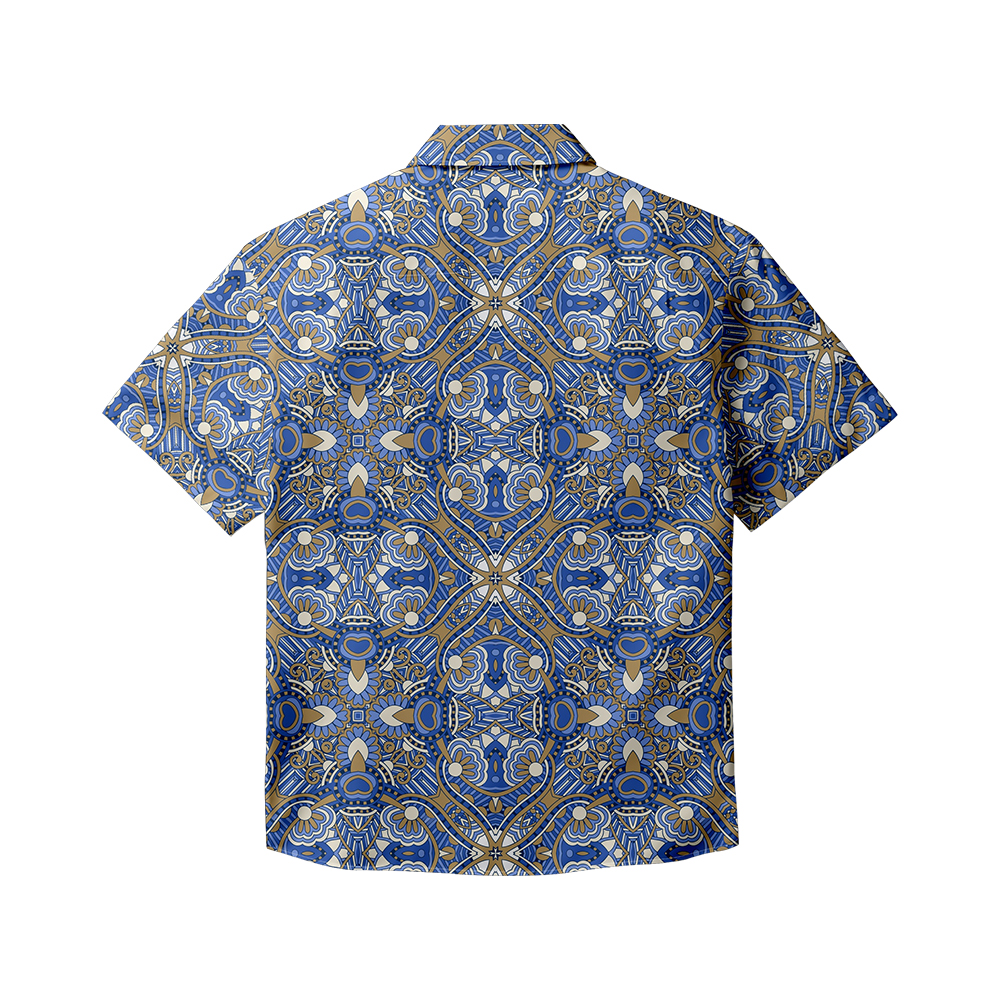 100% Cotton Men's Blue Ancient Totem Print Short Sleeve Shirt