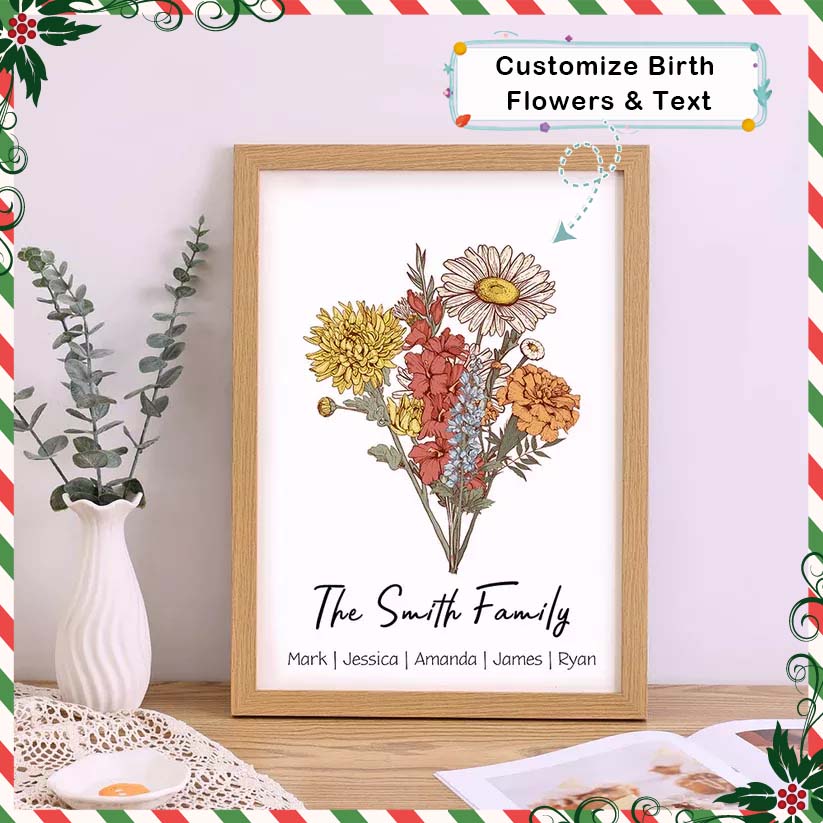 Birth Flower Family Bouquet Personalized Names Frame