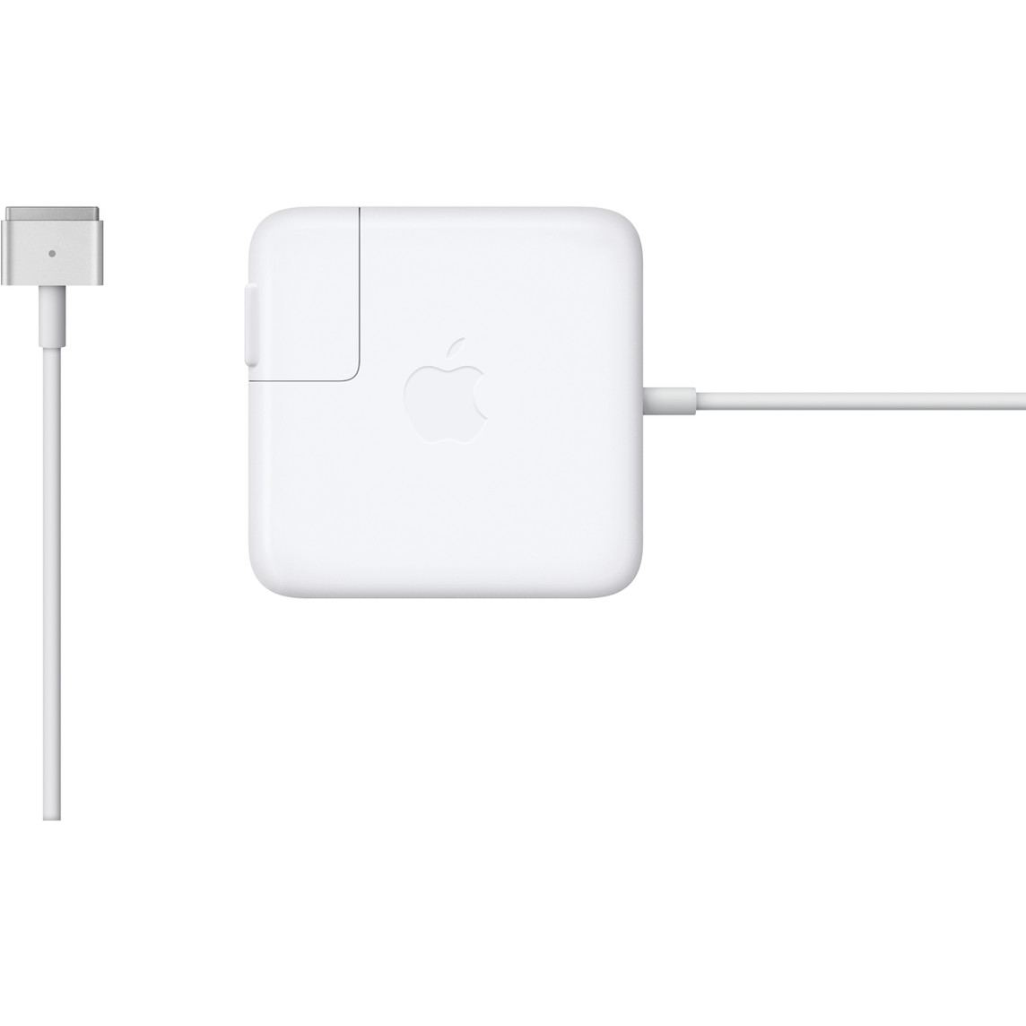 Apple 45 watt MagSafe 2 Power Adapter for MacBook Air, with pins folded, and magnetic DC connector cable.