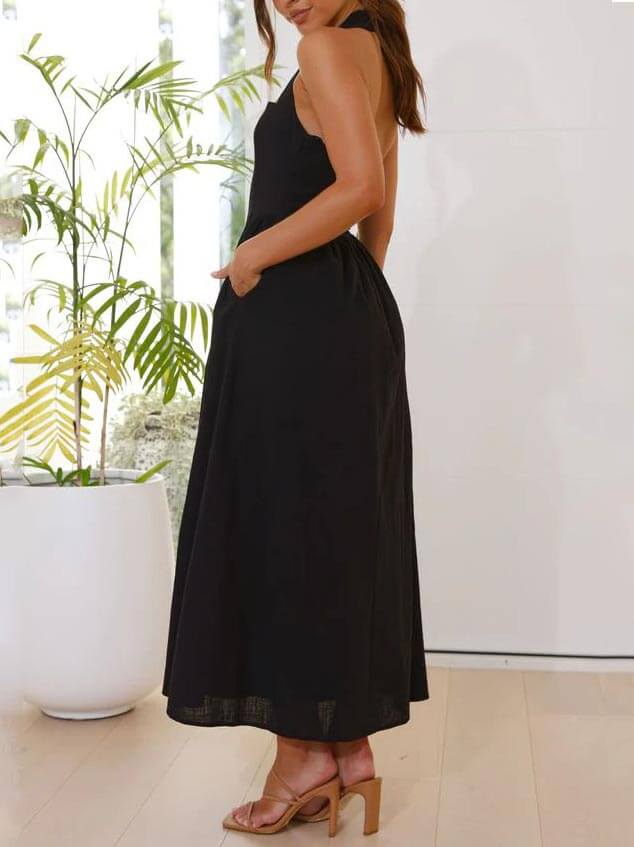 Halter Neck Waist Little Black Dress Mid Length Dress（Limited time special offer, today only）