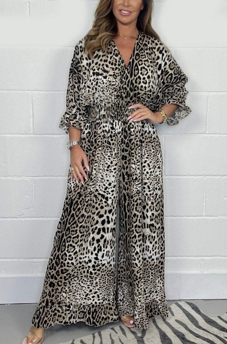 Fashionable loose four-color oversized leopard print jumpsuit