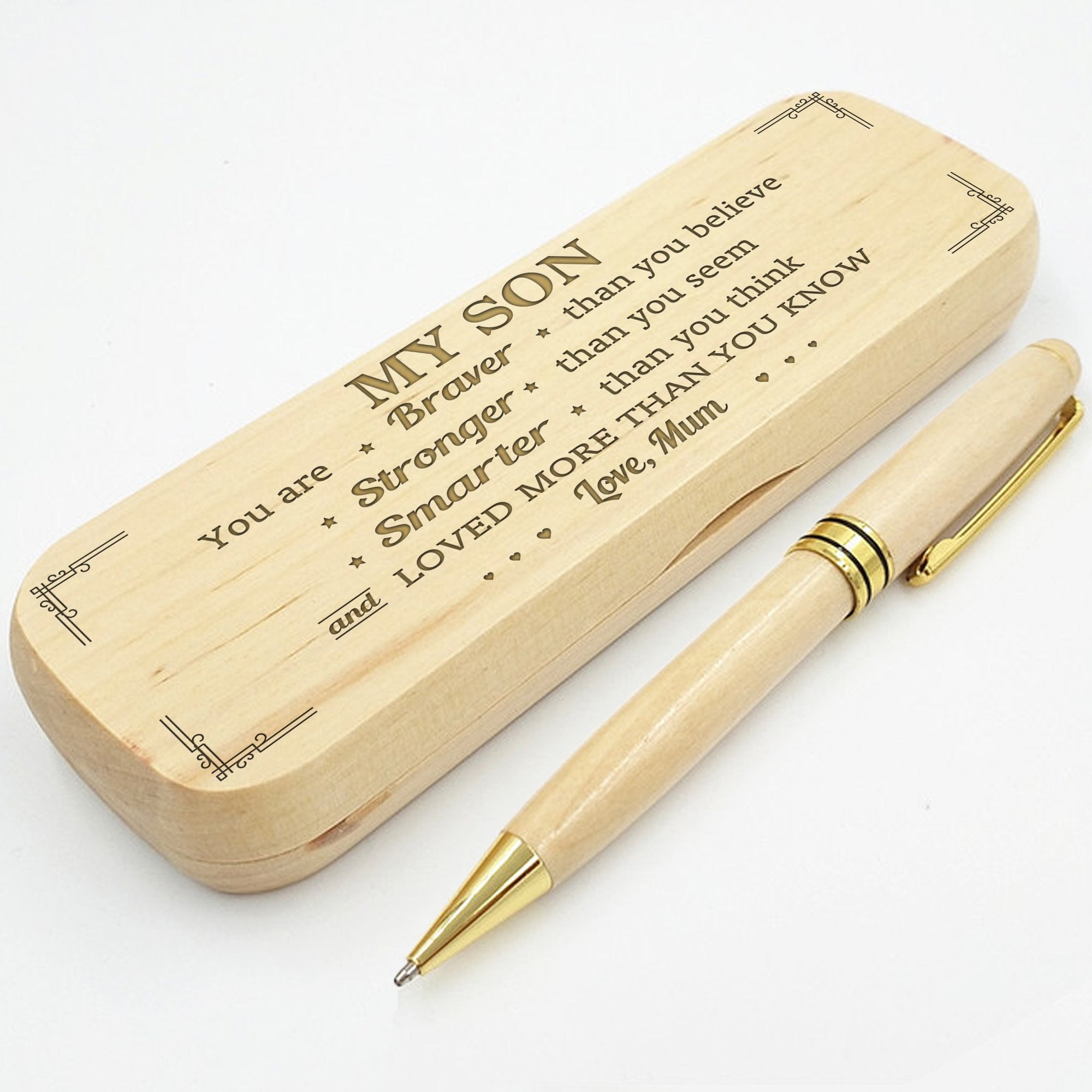 SON MUM - LOVED MORE THAN YOU KNOW - ENGRAVED WOOD PEN CASE 
