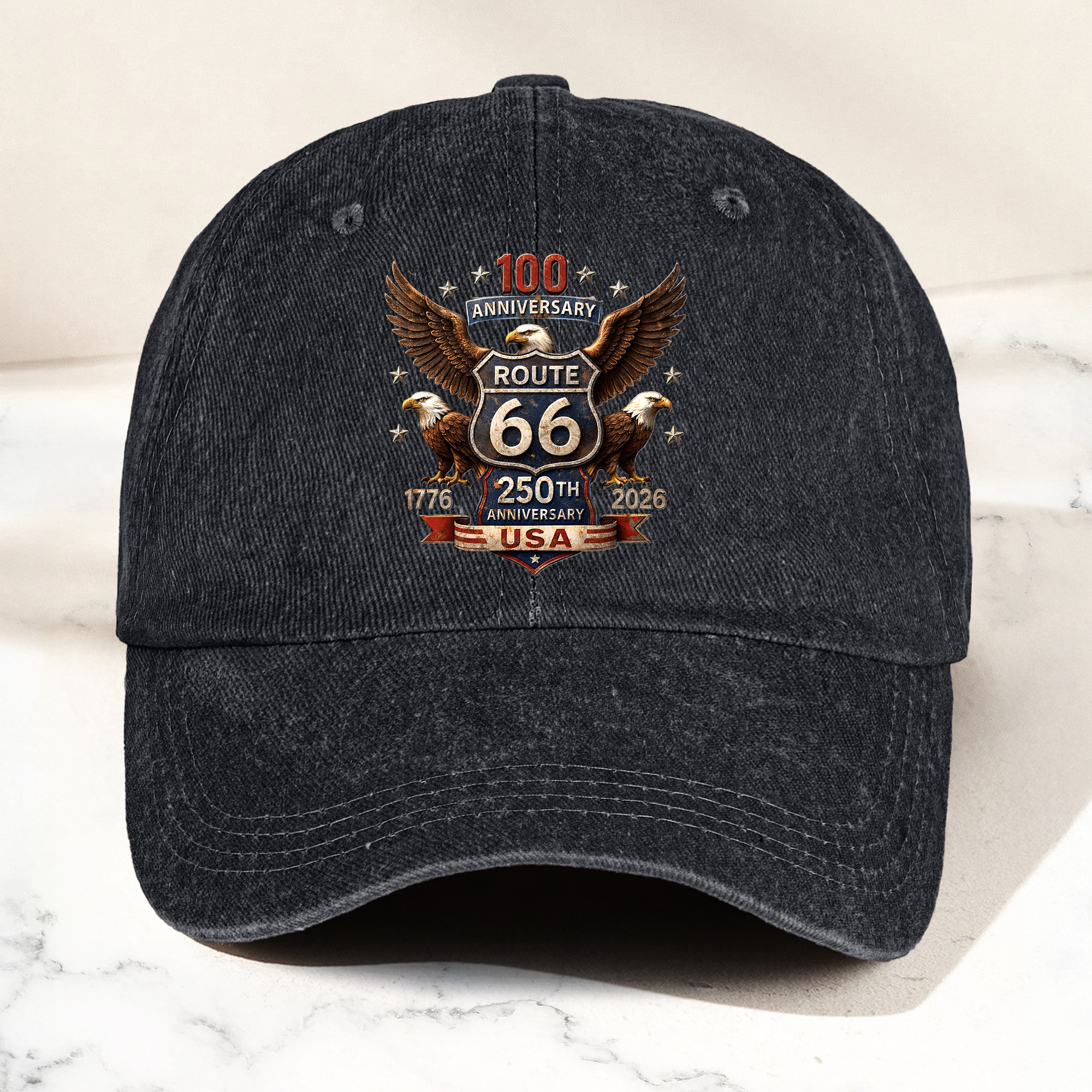 100 Years Route 66 250 Years USA - Personalized Distressed Denim Cap