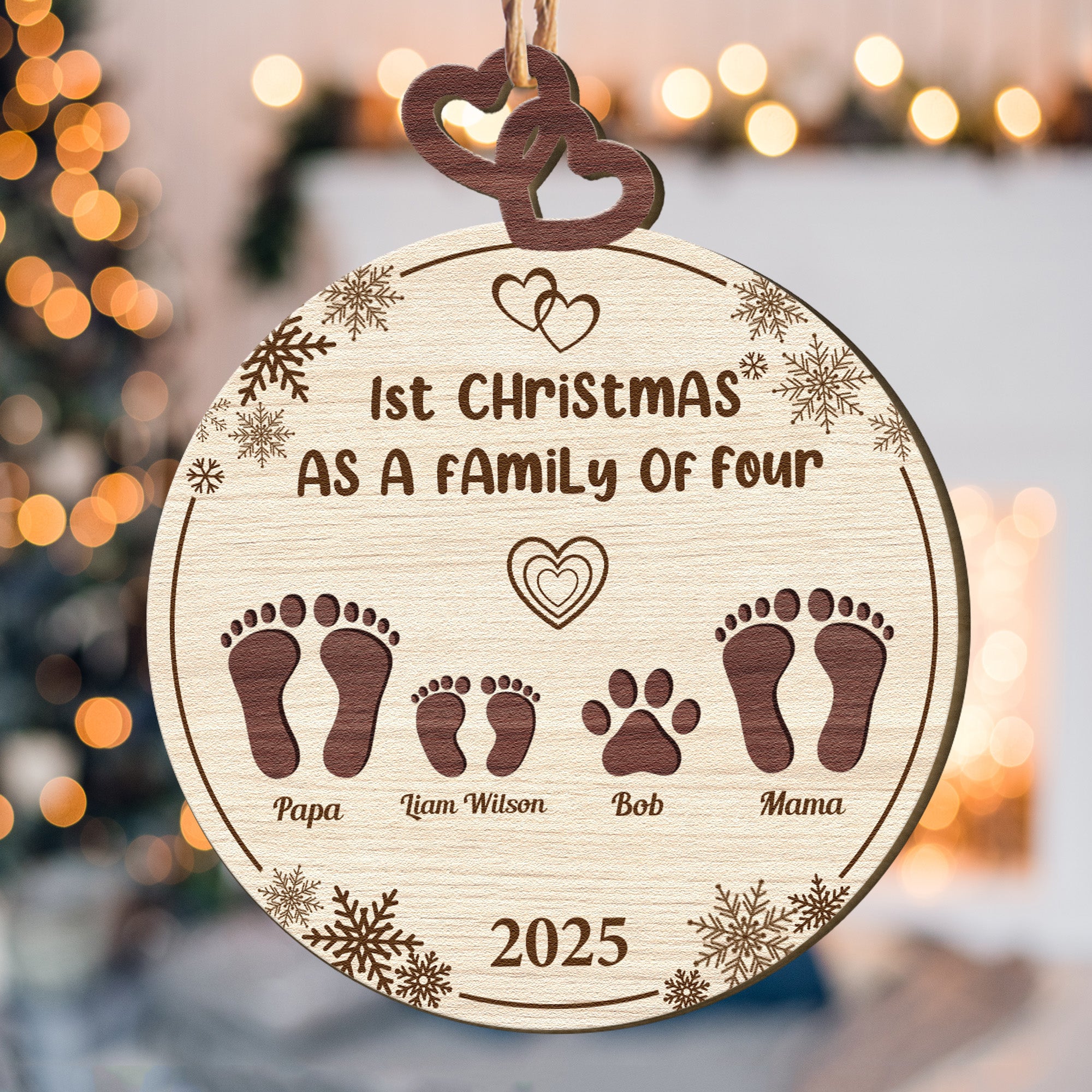 1st Christmas As A Family Of Four - Personalized Wooden Ornament