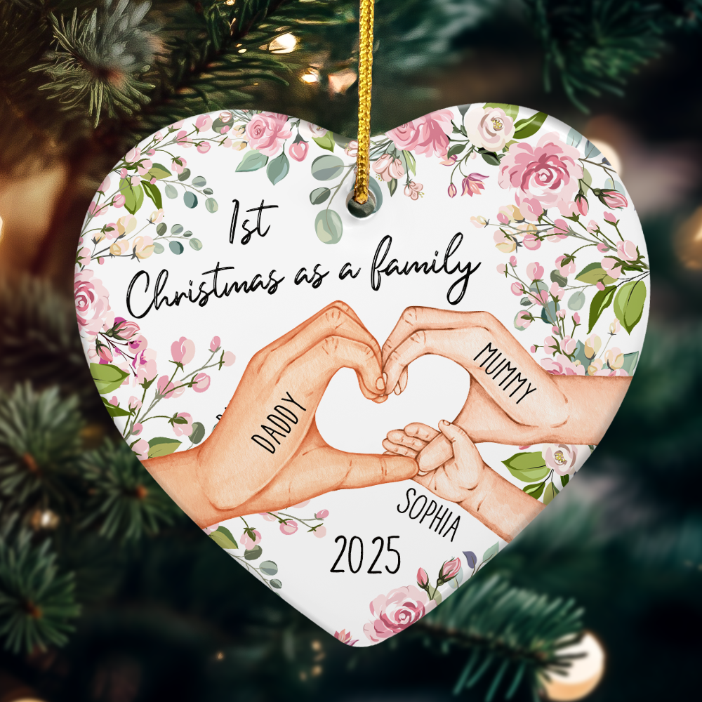 1st Christmas As A Family  - Personalized Heart Shaped Ceramic Ornament
