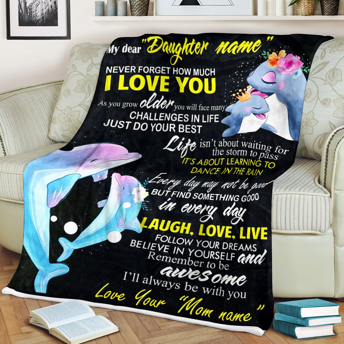 Custom Blanket Dolphin Personalized Name Blanket - Gift For Daughter - Fleece Blanket-A Loves Gift