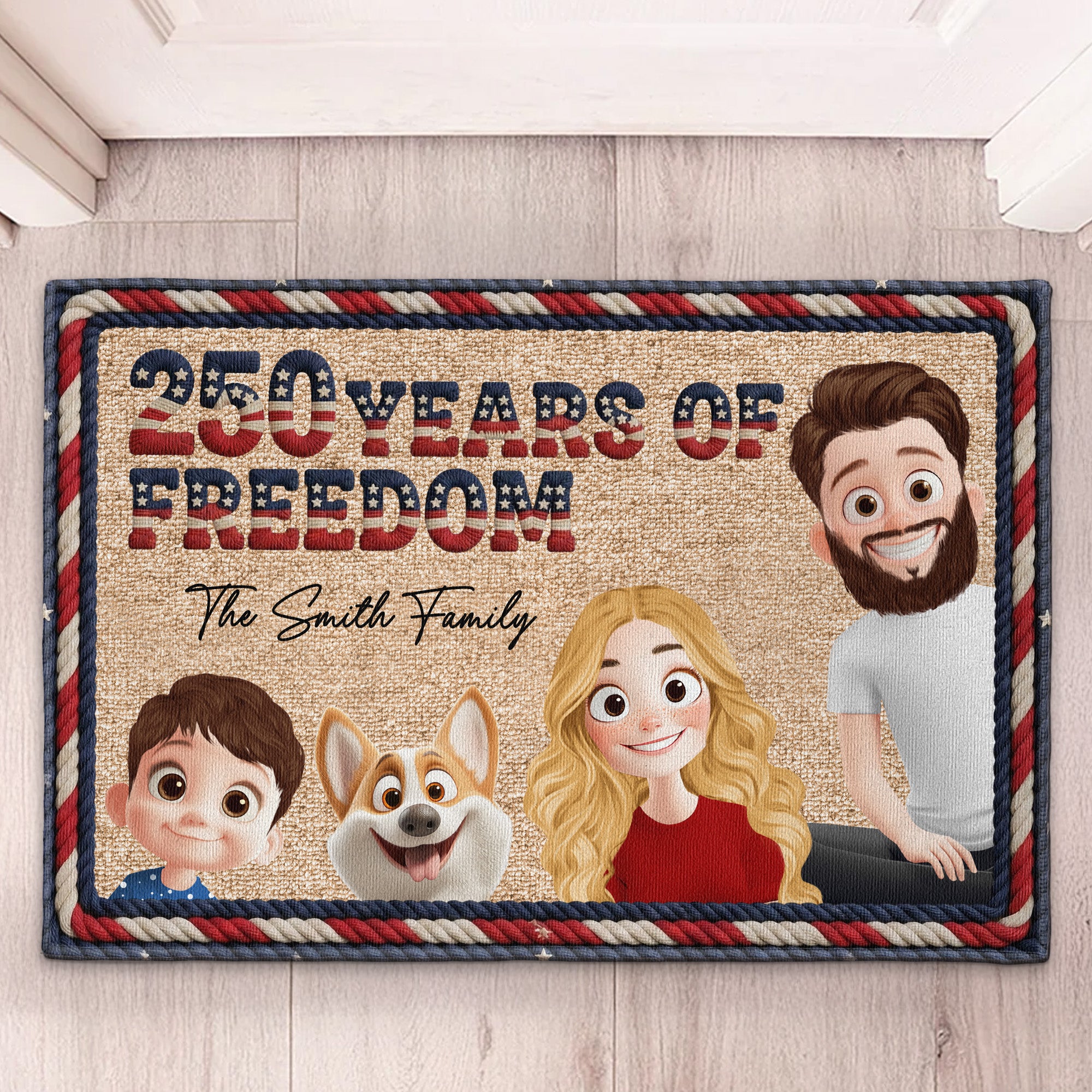 250 Years Of Freedom 3D Family Version Faux Yarn Pattern - Personalized Doormat
