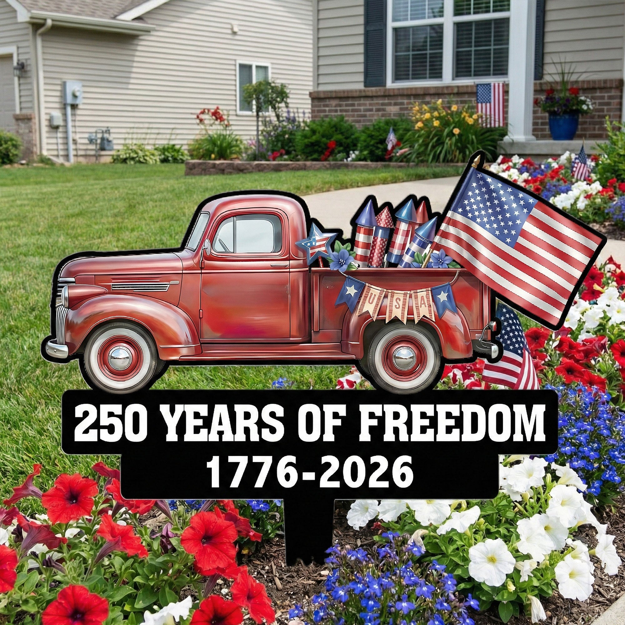 250 Years Of Freedom Red Truck Tractor Garden Decor - Personalized Garden Stake
