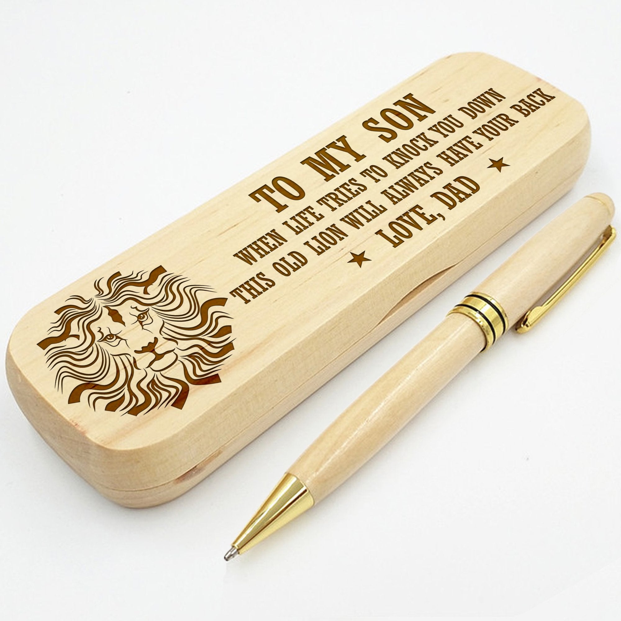 SON DAD - THIS OLD LION WILL ALWAYS HAVE YOUR BACK - ENGRAVED WOOD PEN CASE