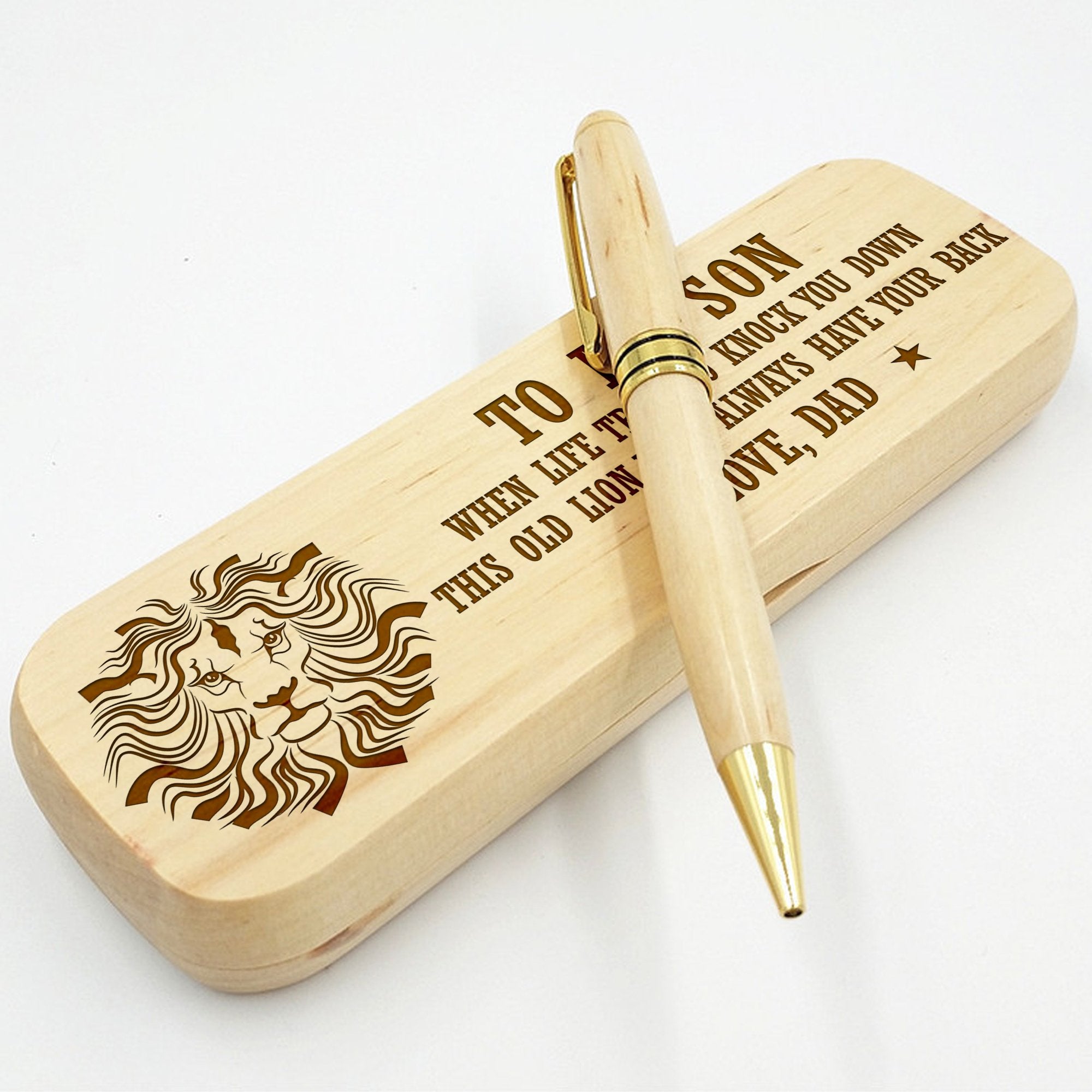 SON DAD - THIS OLD LION WILL ALWAYS HAVE YOUR BACK - ENGRAVED WOOD PEN CASE 